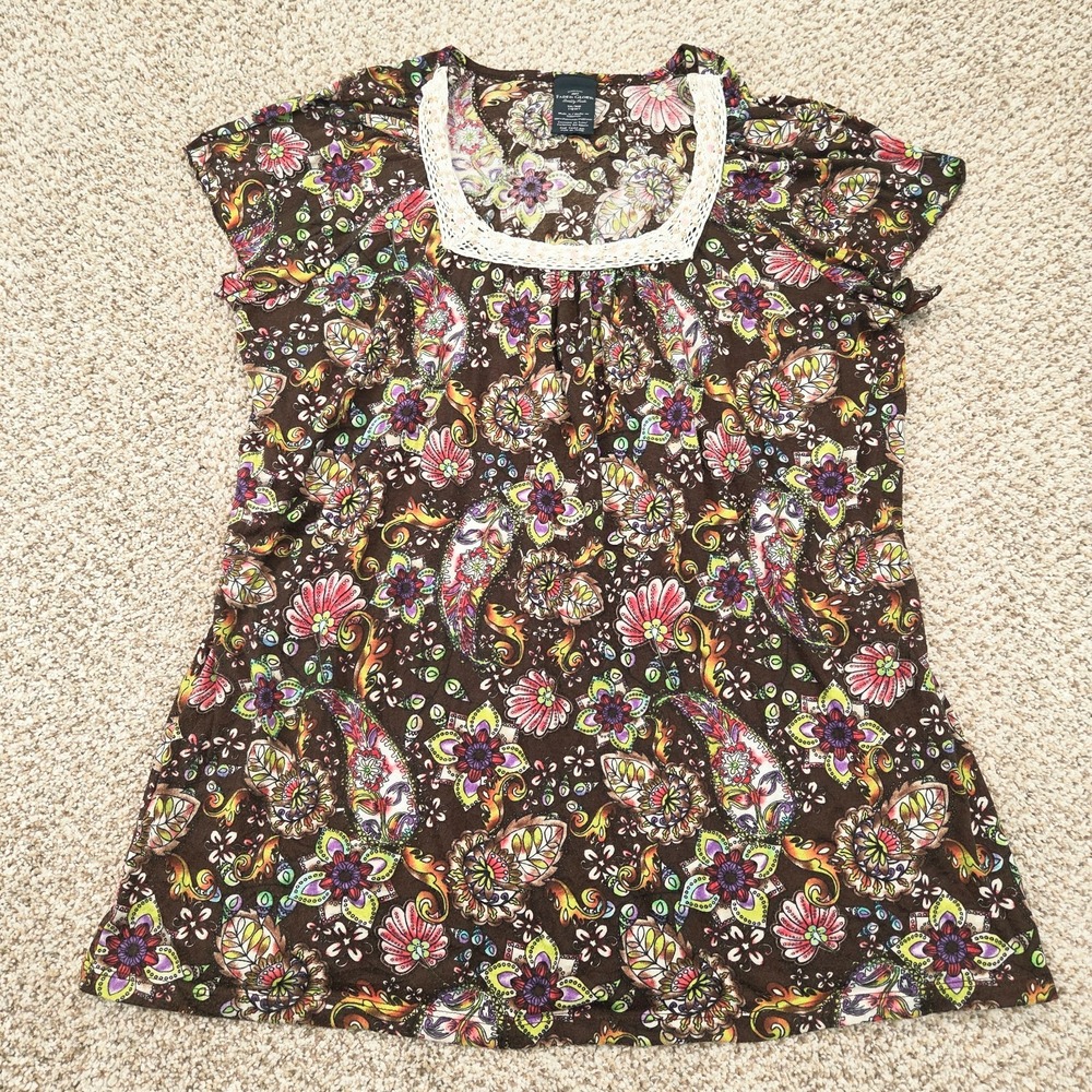 Faded Glory Y2K Top 1X Paisley Floral Multicolor Square Neck Babydoll Cap Sleeve